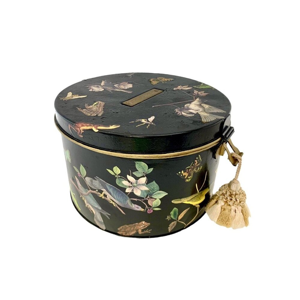 Round Case Metal Box with Bird Design Mixed Media RARE Vintage Classic Decor